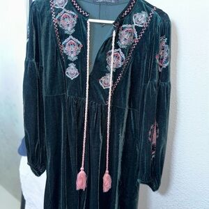 Zara Green Velvet Dress with Pink Embroidery
